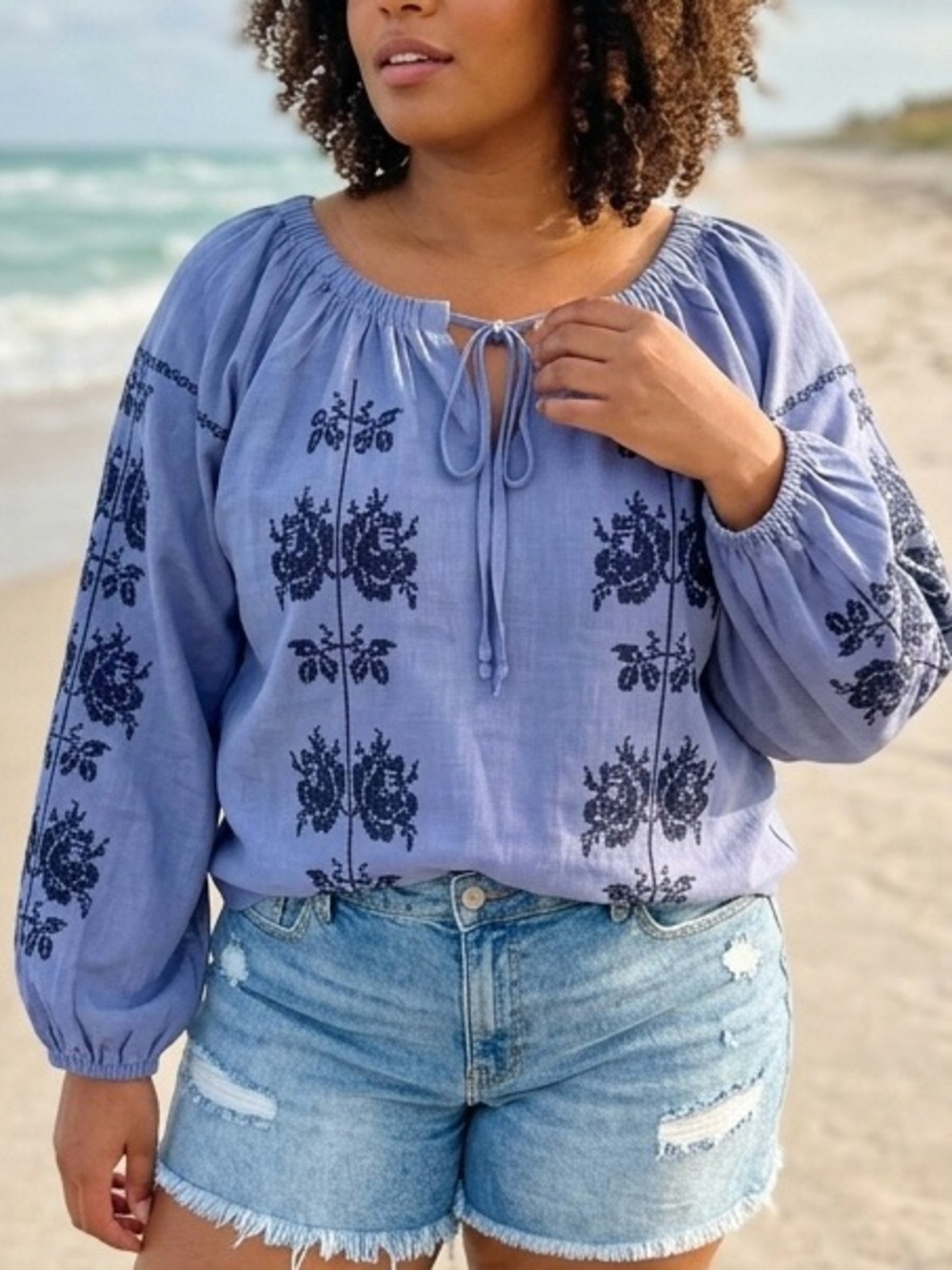Anthropologie by Solitaire Periwinkle Blue Embroidered Peasant Top. Boho Chic🪻